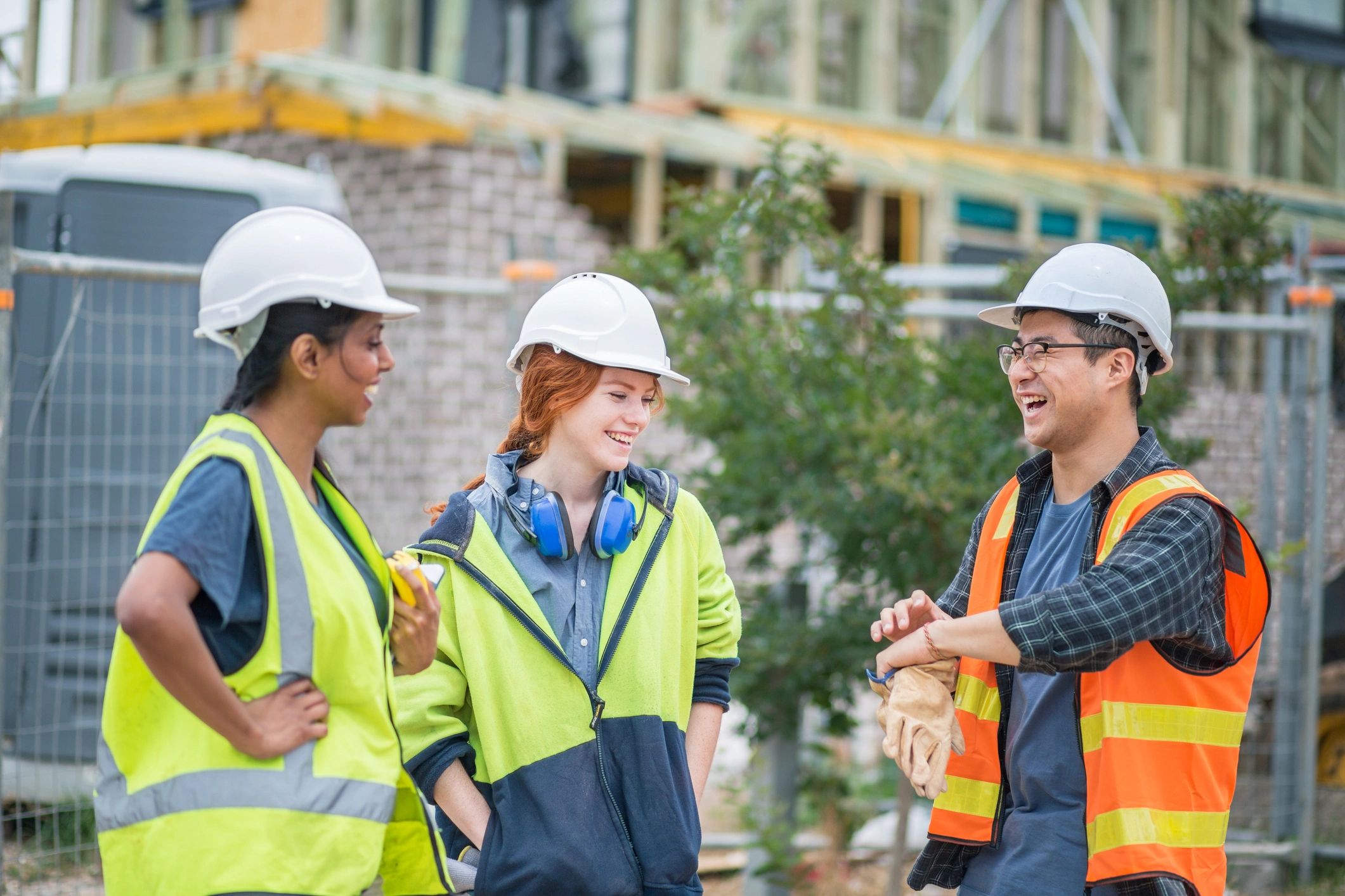 Construction workers taking a break together on a building site